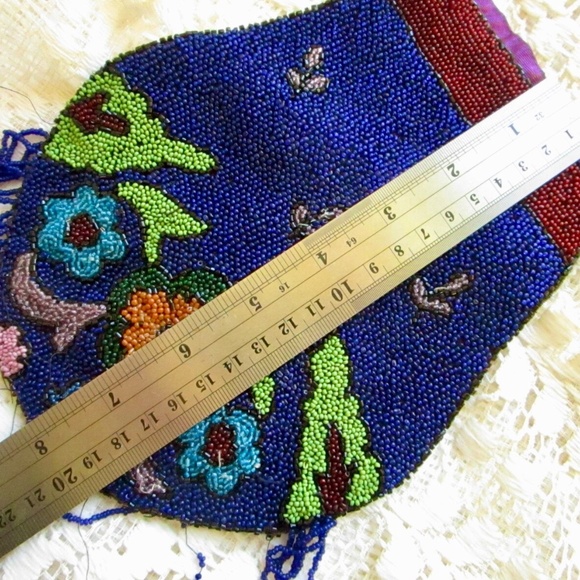 seed-bead Victorian antique handbag in radiant navy with florals ... hand-stitch - Picture 5 of 13